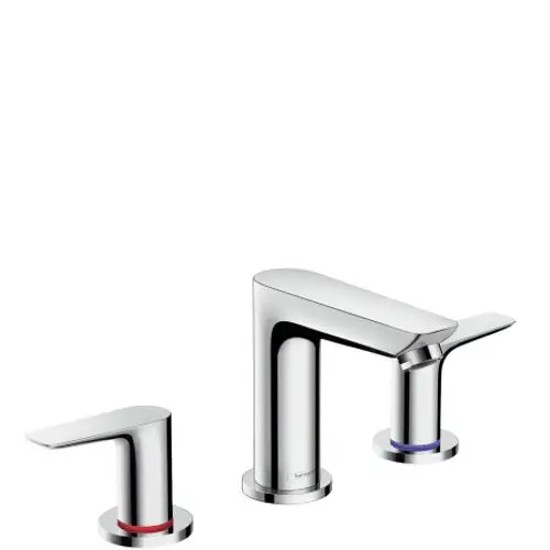 Dreiarmige Waschtischarmatur von Hansgrohe in Chromfarbe, bestehend aus einem Hauptkörper und zwei Bedienhebeln, jeweils für warmes und kaltes Wasser.
